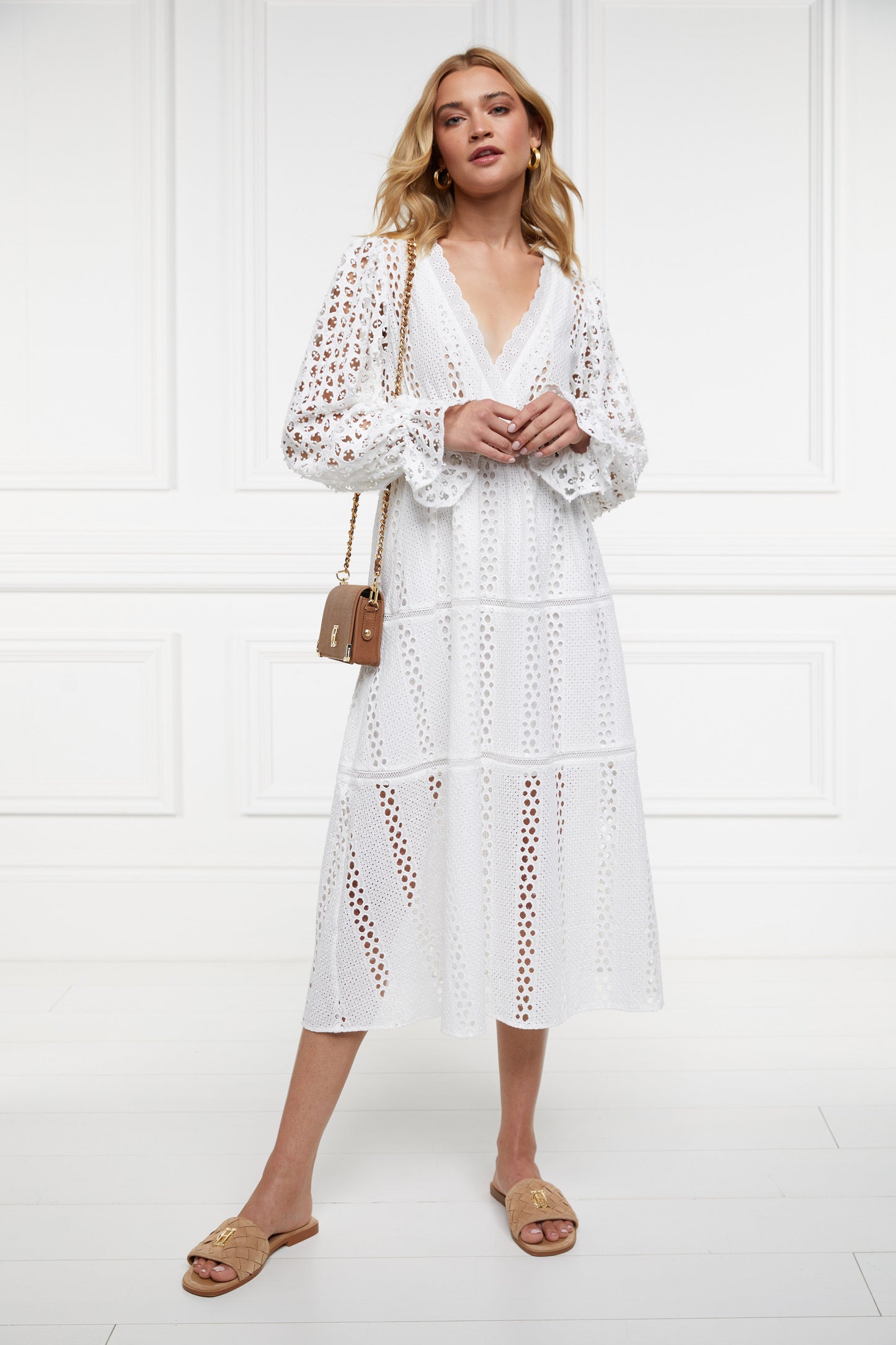 Broderie Lace V-Neck Midi Dress (White)