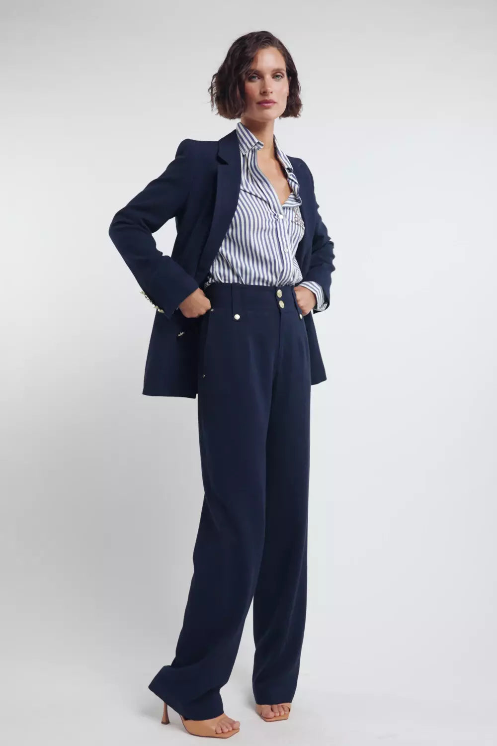 High Waisted Straight Trouser (Navy Linen)