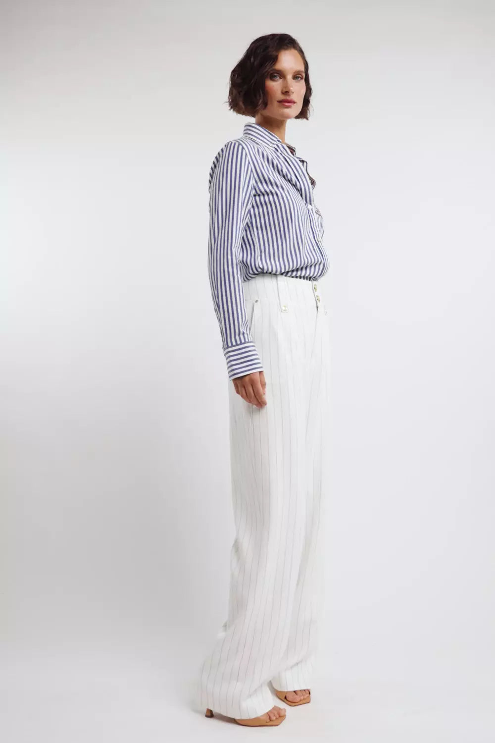 High Waisted Straight Trouser (Oyster Linen Pinstripe)