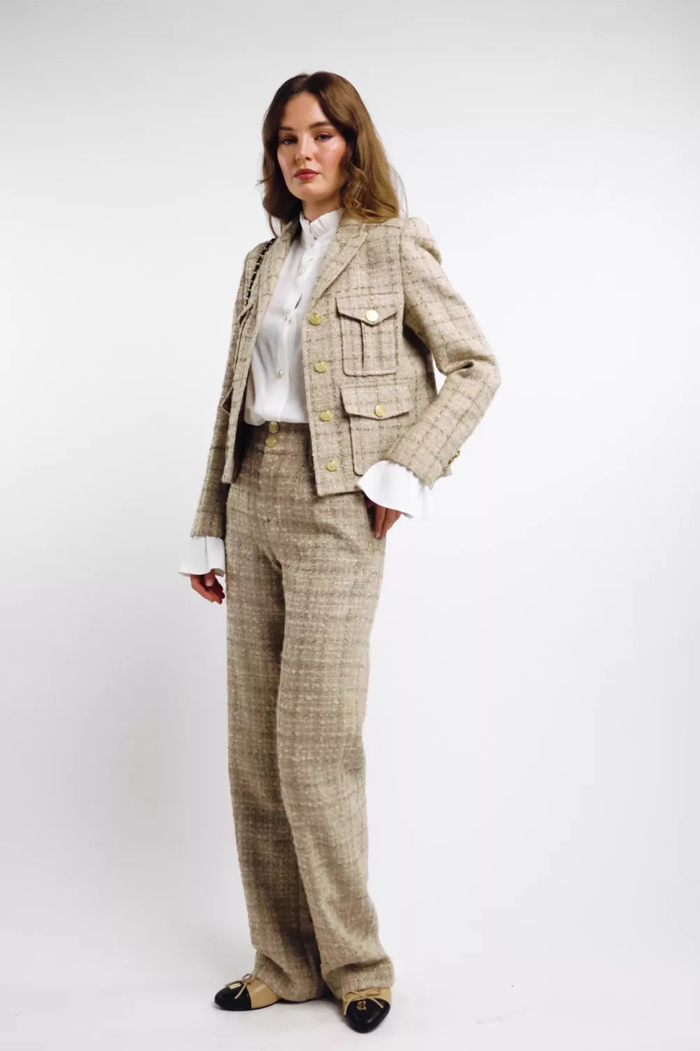 High Waisted Straight Trouser (Camel Sparkle Tweed)