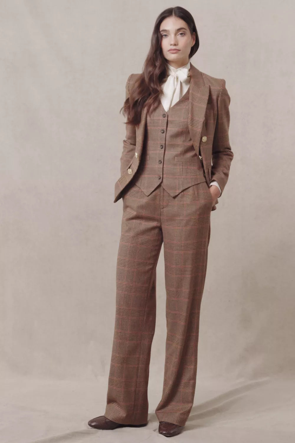 High Waisted Straight Trouser (Clarence Check Merlot)