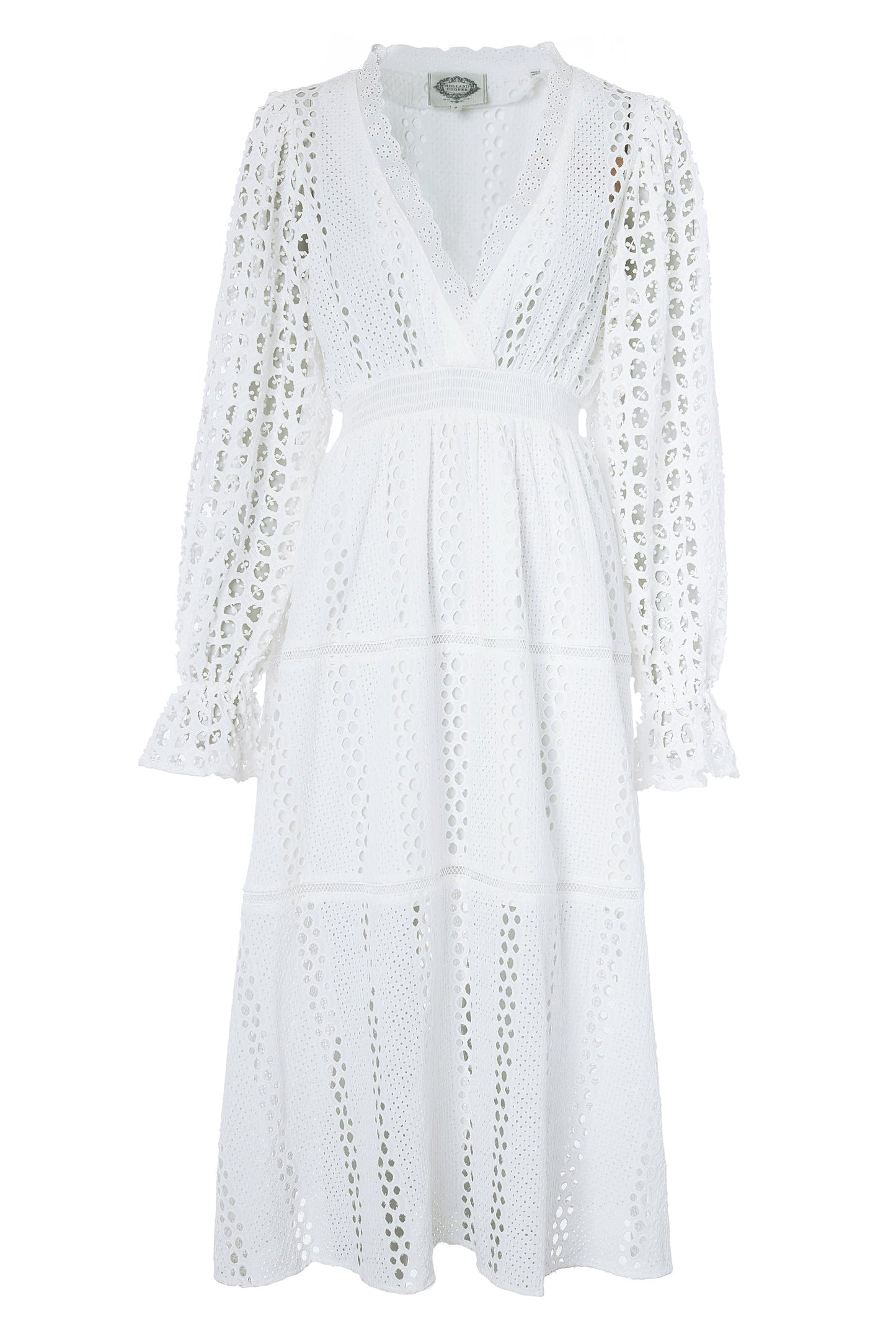 Broderie Lace V-Neck Midi Dress (White)