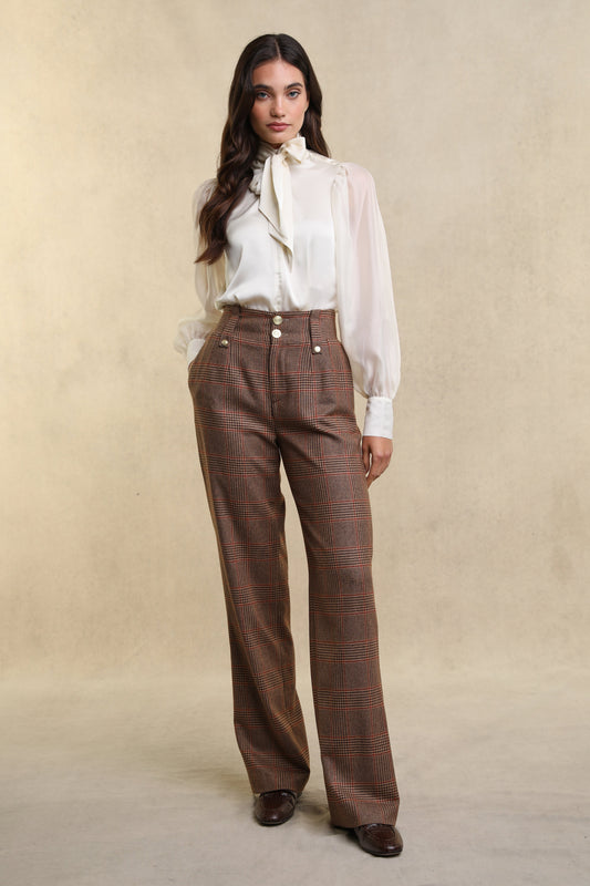 High Waisted Straight Trouser (Clarence Check Merlot)