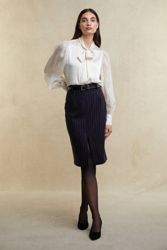 Mayfair Pencil Skirt (Navy Chalk Pinstripe)